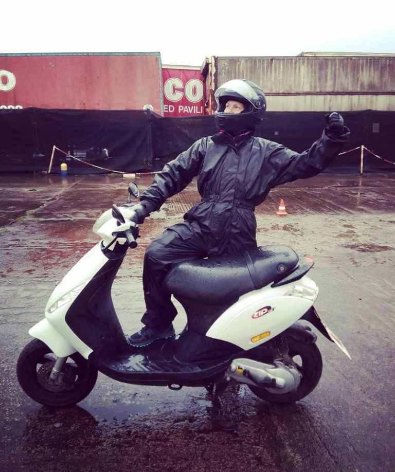 Deby completes her CBT for the scooter Motorhome Europe